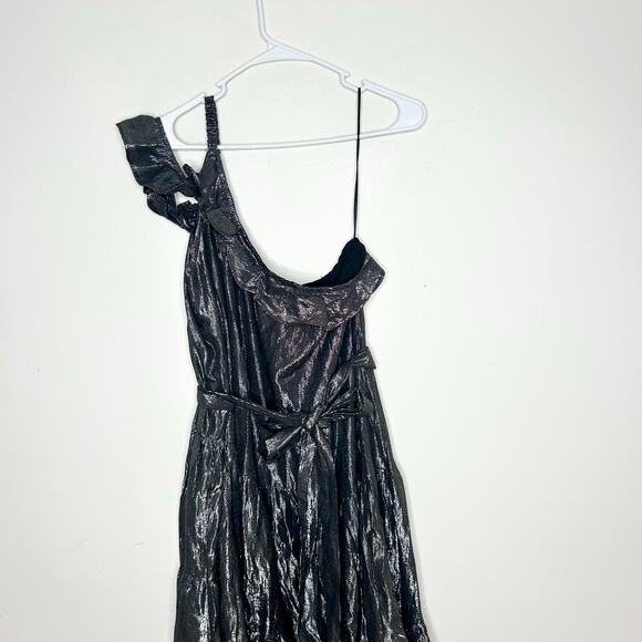 NWT Maeve Ruffled One-Shoulder Metallic Silver Midi Dress - Picture 3 of 6